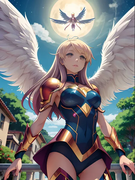 Anime - style image of a female angel with wings flying in the sky,  (Garota de 18 anos bonita do anjo do Ciborgue), menina harpia inka, Angewomon, Digimon, humano alado, harpia, com asas grandes, Serafim, Jovem Harpia-Mulher, harpia mulher, Anime Voador E...