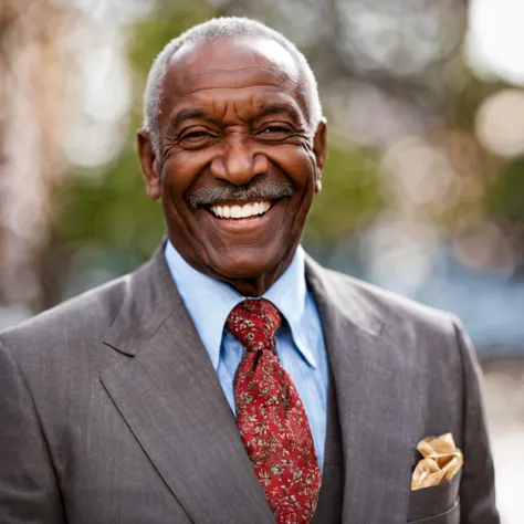 half body portrait of a old beautiful black man, happy, big smile, wearing a nice suit