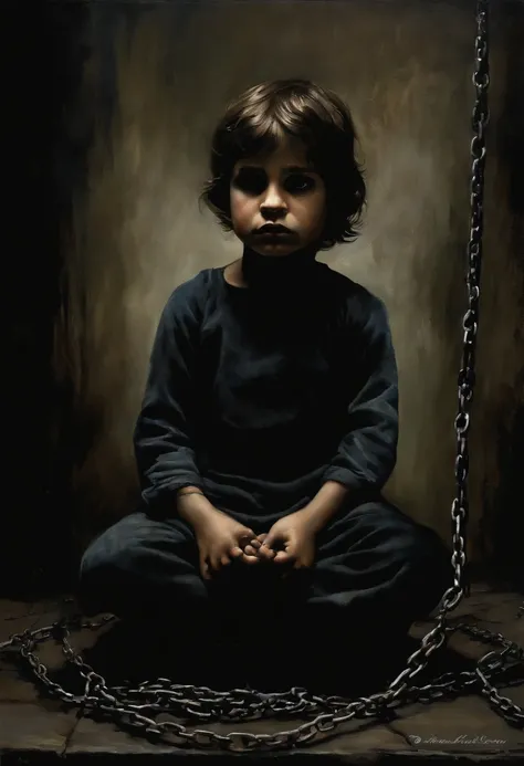 A painting that expresses adult crimes against children. It shows a child chained in a dark place, facing threatening dark hands. The painting uses dark colors to highlight horror and injustice, and its goal is to draw attention to these sensitive issues i...