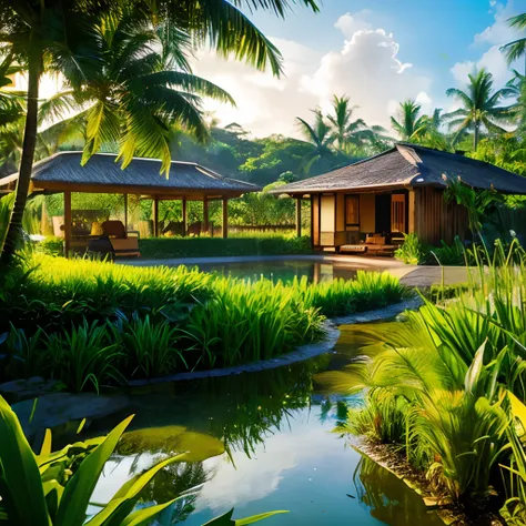 eco-resort hosted in shipping containers in the lush paradise of Bali rice field with near water features and plants everywhere, extreme plus resolution fantasy concept art, intricate details to everything visible, sharp lighting, dramatic light by denis v...