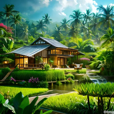 eco-resort hosted in shipping containers in the lush paradise of Bali rice field with near water features and plants everywhere, extreme plus resolution fantasy concept art, intricate details to everything visible, sharp lighting, dramatic light by denis v...