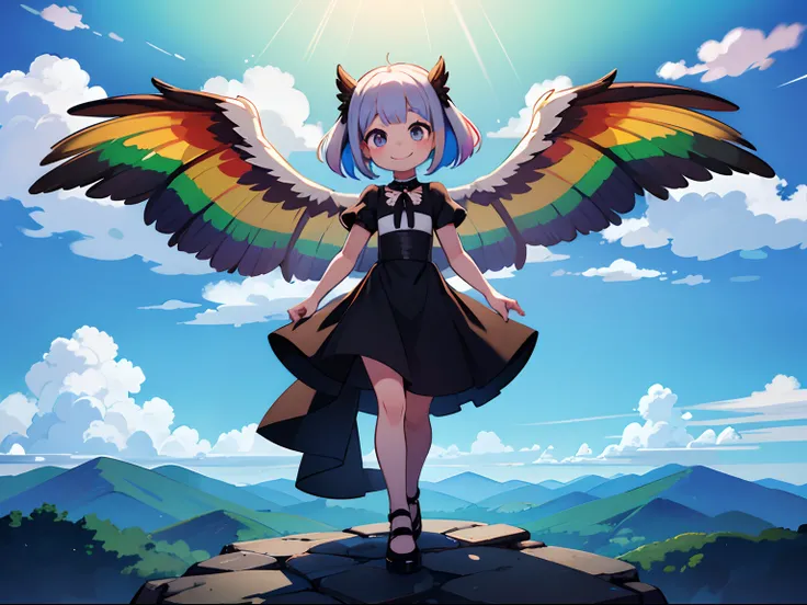 Girl with black wings and black pearls in a white dress made of transparent thin fabric,rainbow color Hair、A smile、Reach out before you、Walking on clouds、 Shines