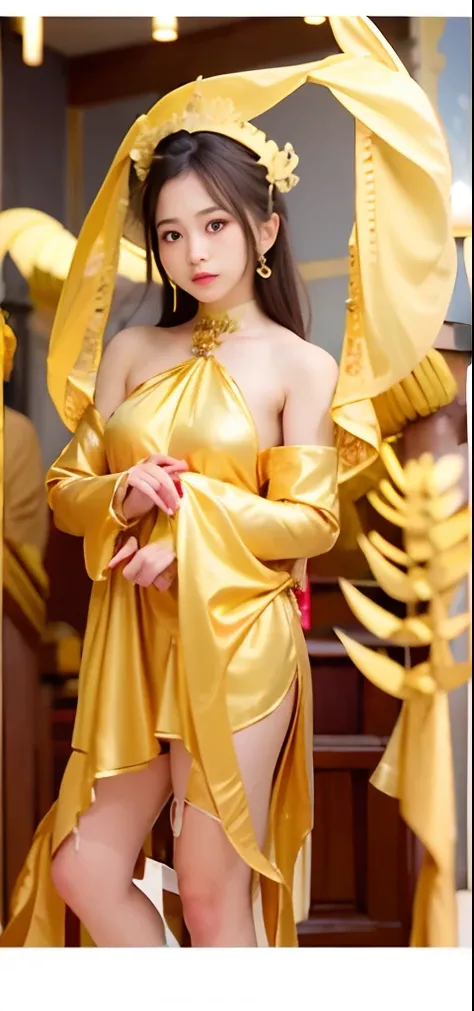 1girl in、top-quality、​masterpiece、超A high resolution、(Photorealsitic:1.4)、Raw photo、（Face of 15 year old beautiful girl）、Straight long hair、dark brown  hair、glowy skin、Dramatic、（Golden See-Through High Leg Competitive Swimwear）、（Golden transparent flutteri...