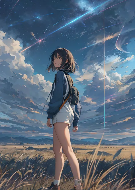 The vast sky, beautiful skyline, large grasslands, extremely tense and dramatic pictures, moving visual effects, high hanging Polaris, colorful natural glare. A girl in a long-sleeved top and denim shorts with a side backpack