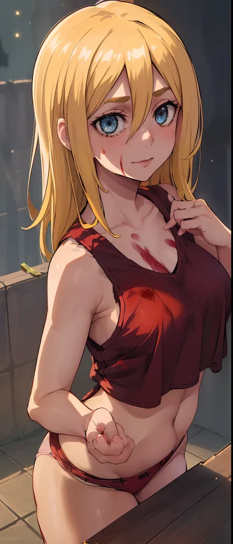 (day:1.7), Forest background,
sitting on the floor,sleeveless,((((cropped tank top, panties, thug, blood on hands, blood on hair, dominant mistress, prison, doing something sadistic and savage)))), thighs,
blonde hair,blue eyes,bangs, Long_hair,(hair betwe...