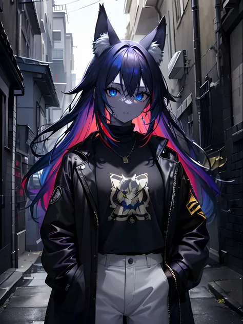 (masterpiece,best quality,ultra-detailed),1girl,(multicolored hair,blue yellow red purple hair),messy hair, black shirt,black jacket,(fox ears),beautiful eyes,(colored skin, grey-blue skin),in a alleyway,(grey theme),(pastel colors theme)