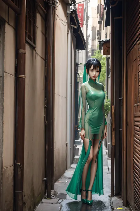 Beautiful loli，dual horsetail，Tall and thin，See-through dresses，high-heels，Oily stockings，Alley setting， 超高分辨率，