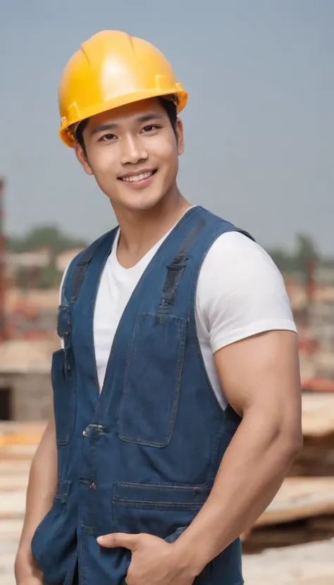 Photoshoot, home renovation site, face the camera, smile, 25 year old construction worker guy, very handsome guy, macho guy, Indonesian male model, blue shirt, blue jeans long pants, wearing construction workers vest, wearing construction workers helmet, y...