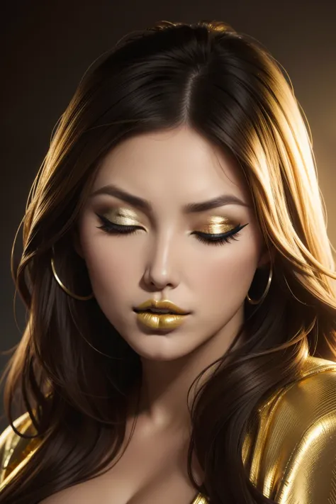 lucy pinder, face portrait, asian woman, eyes closed, mouth wide open, ((very intense makeup)), ((gold lipstick)), voluptuous woman