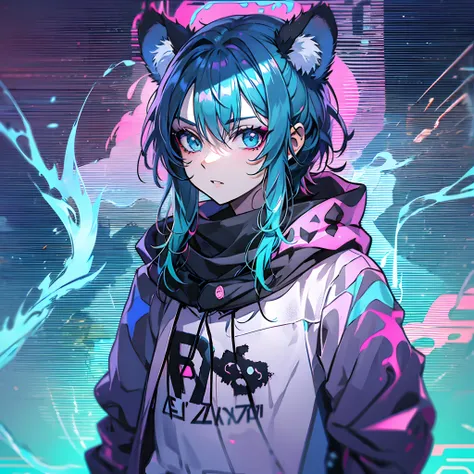 Leopardo das neves anime estilo, roupas largas estilo rap hip hop phonk, olhar azul neon com chamas azuis, foco no rosto foto de perfil, fundo azul claro, paleta de cores com tons neons roxos e azuis, estilo de terror sinistro, vinheta bordas escuras, imag...