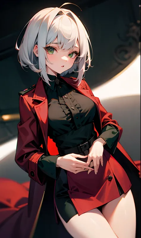 Menina com cabelo verde curto, medium breasts wearing a black blouse and a red overcoat over green eyes