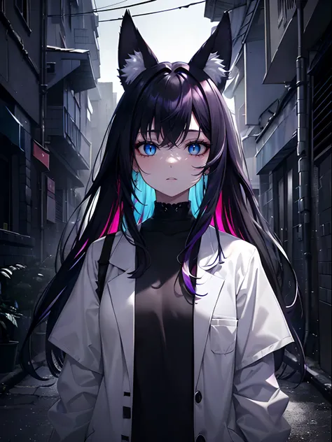 (masterpiece,best quality,ultra-detailed),1girl,(multicolored hair,black hair,dark purple hair,dark blue hair),messy hair, white shirt, white jacket,(fox ears),beautiful eyes,(colored skin, grey-blue skin),in a alleyway, night,(grey theme),(pastel colors t...