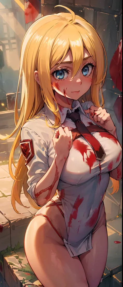 (day:1.7), Forest background,
sitting on the floor,sleeveless,((((the girl is a thug, blood on hands, blood on hair, dominant mistress, prison, doing something sadistic and savage)))), thighs,
blonde hair,blue eyes,bangs, Long_hair,(hair between eyes:1.3),...