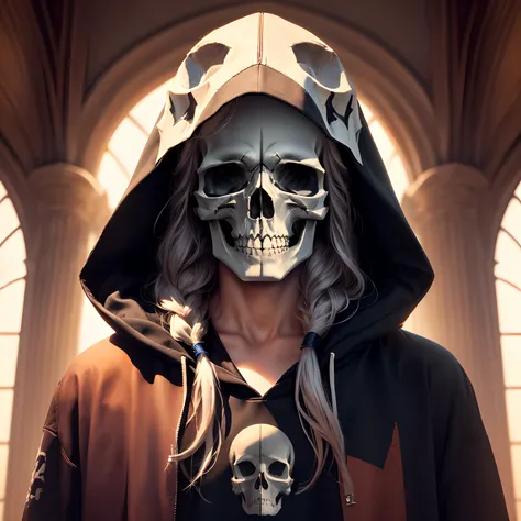 a skull with long hair wearing a hood with the writing "cine sombrio"