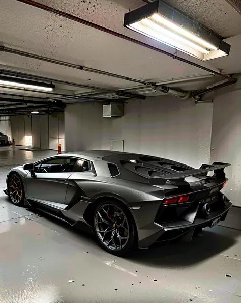 Lamborghini sports cars are parked in the car park，With the lights on, Lamborghini, bold lamborghini style, sports car in the room, aerodynamic imposing, 8k in the style, full view of a car, lamborghini aventador photoshoot, stunning 8 k, super car, In the...