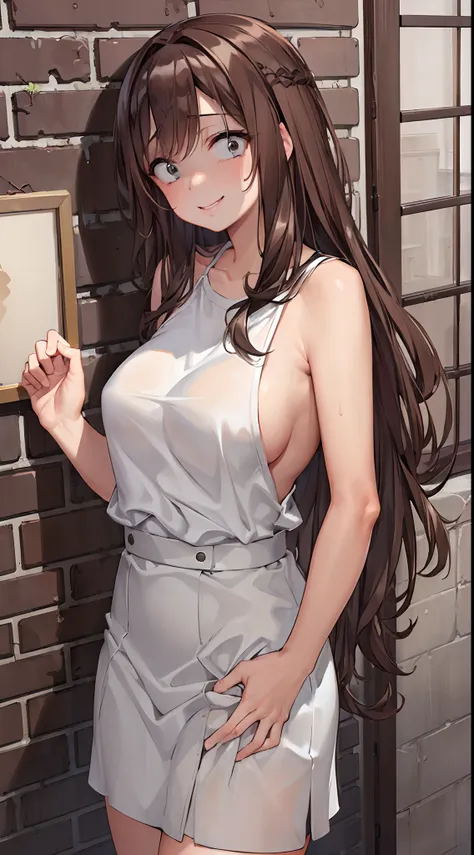 (masterpiece:1.5), (best quality:1.2),(famous artist:1.2),(official art:0.5),(Top quality:1.2),(high resolution:1.2),1girl,solo,clothes reflecting light,20 years old,oppai, BREAK,(brown hair:1.6),half naked ,smile,long hair, Dungeon, fear, fear, terror, de...