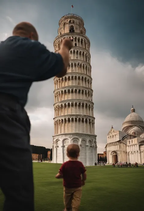 A strong man holding the tower of Pisa by n
Dont fall, o homem tem de estar intervindo com a torre, like Im keeping her upright so she doesnt tip over