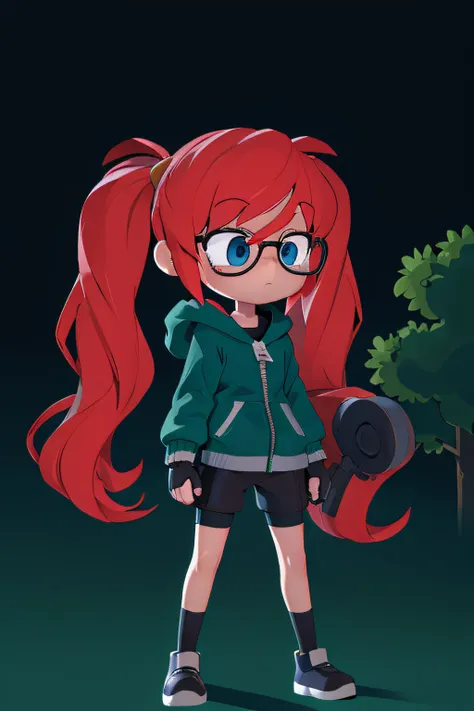 blue eyes, gloves, twintails, red hair, glasses, green hoodie, fingerless gloves, black compression shorts, zipper, black-framed...