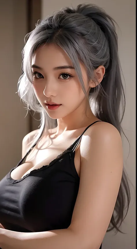 A sexy beautiful student girl,, big breasts, grey hair colours, long hair tied up, sexy pose,