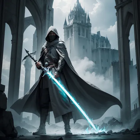 full body low angle shot of an intimidating male without armor maked warrior holy warrior with a large flowing light gray cloak with hood wearing a black and light gray clothes and wielding a two-handed greatsword burning with green flames standing on top ...