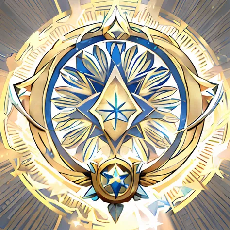 gold and blue badge，there is a star at the top, emblem of wisdom, sojourn from overwatch, medal, symetry!! concept-art, symmetry...