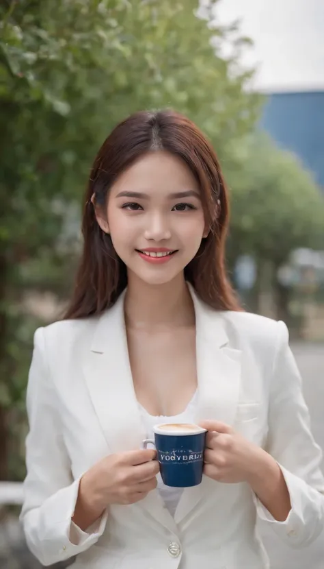 Photoshoot, college, parking lot, blue shirt, white blazer, blue jeans long pants, zipping a cup of coffee while standing, smile enjoying coffee, 19 year old college girl, cute girl, beautiful girl, indonesian model, white healthy skin, delicate eyes,  ear...