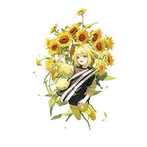 A large field of sunflowers, A cute sunflower doll, He held a large melon seed in his hand, Happy hand dance, Three-dimensional natural light, octane render 8k, k hd, realisticlying