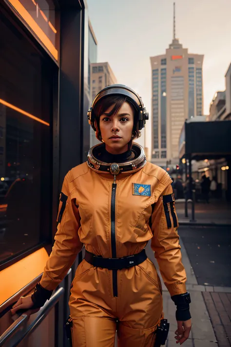 waist-up "female Astronaut in a city future" by Syd Mead, broken helmet tangerine cold color palette, muted colors, detailed, 8k