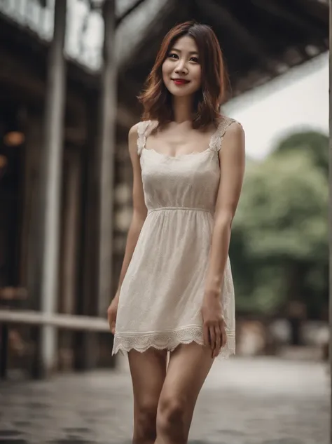 beauty legs,30-years old,japanes,a smile,Cute,Mini dress,Hold and raise the hem of the dress with both hands,Angle from below,Show underwear,