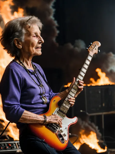 raw photo, ((((80 year old grandmother playing an electric guitar on a burning stage))))(((looking at camera))) analog style