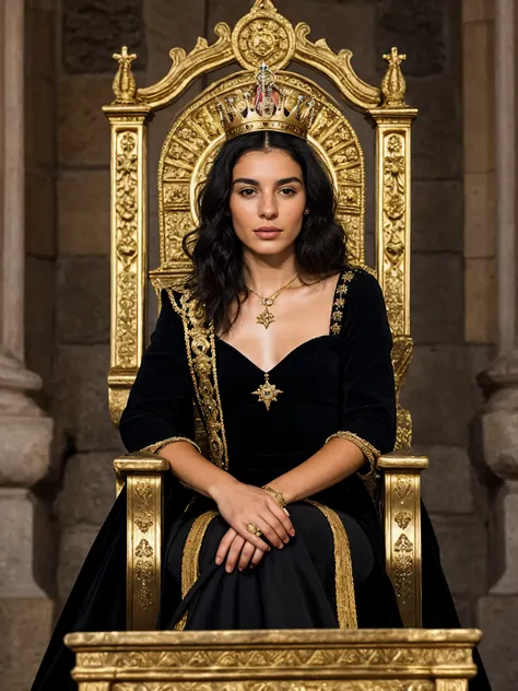 24yo spanish woman, black hair, throne, gold crown, medieval, castle