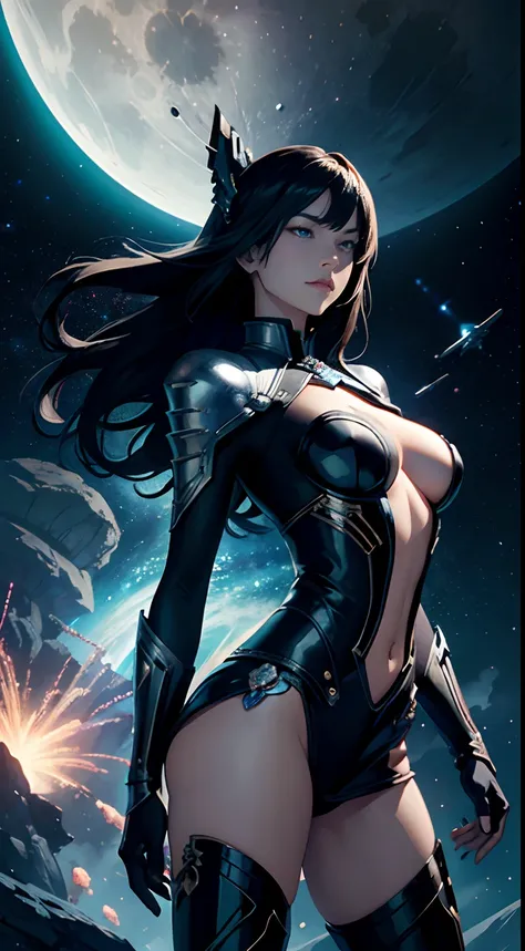 Stephan Martinière, Ivan bilibin,  Surreal, mysterious, strange, fantastic, fantasy, Sci-fi, Japanese anime, the moon floating in the Milky Way, come see the dance of the stars, beautiful space girl in a miniskirt, perfect voluminous body, sexy erotic, big...