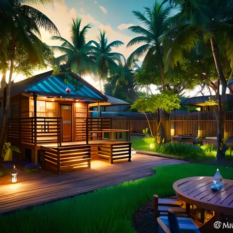 Children playground area view in Glamping camping ground hosted in shipping containers in the lush paradise of Bali rice field with near water features and plants everywhere, extreme plus resolution fantasy concept art, intricate details to everything visi...