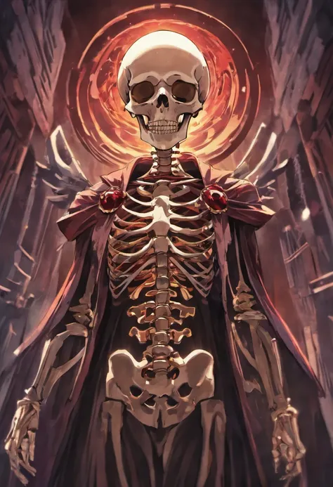 masterpiece, best quality, anime character, an undead skeleton, jet-black academic gown adorned with golden and violet edges, ((dark red orb)) floating under his ((ribs)), dark red glow radiating from inside his empty eye sockets, dark halo-like object gli...