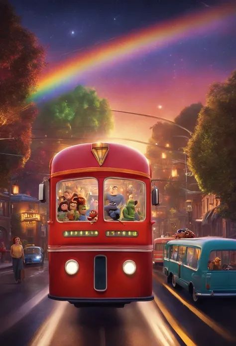 a pixar poster, with several marvel characters in a very colorful bus full of lights and the road is a rainbow