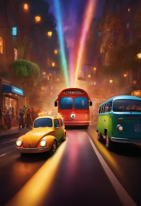 a pixar poster, with several marvel characters in a very colorful bus full of lights and the road is a rainbow