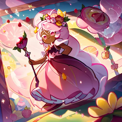 red dress, leaves, leaf crown, flowers, flower staff, transparent hair, liquid hair, white shoes, lemon staff with leaves, lemon...