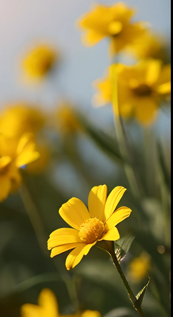 Yellow flowers，Hazy background，and the sun was shining brightly，high detal，Perfectcomposition，first person perspective。