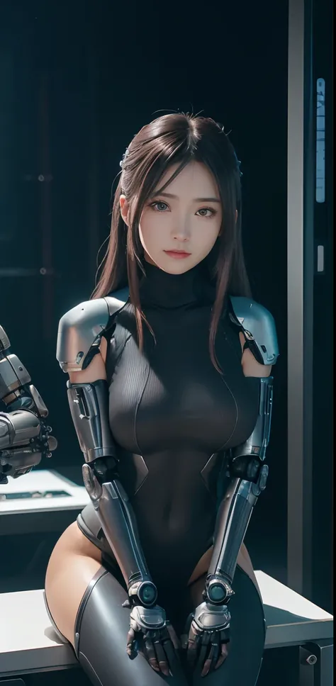 ​masterpiece、((Grey Turtleneck Sweater))、 ((plugsuit)), ((a beauty girl:1.2))、I dont have both arms.、Some mechs、Mechanized body、Mechanized chest and abdomen、Mechanized occipital、Mechanized legs、Black metallic suit tight to the body、is standing、Tied up、Meta...