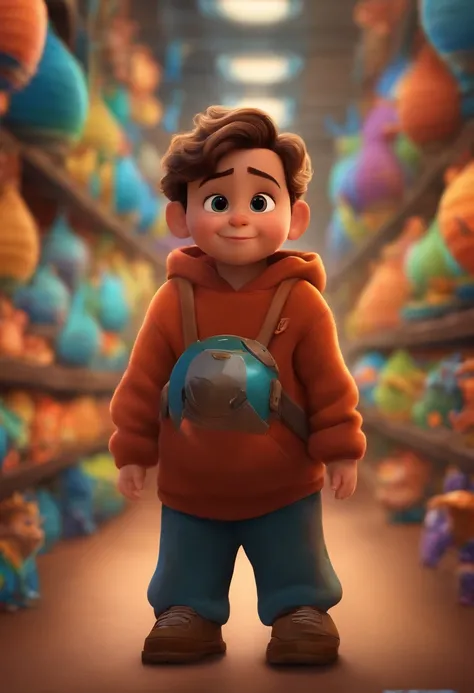 um menino de 6 anos de idade, cabelos castanho, corpo inteiro, disney pixar, cute