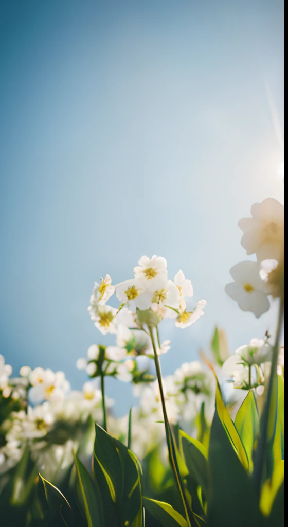 White flowers，Hazy background，and the sun was shining brightly，high detal，Perfectcomposition，first person perspective。