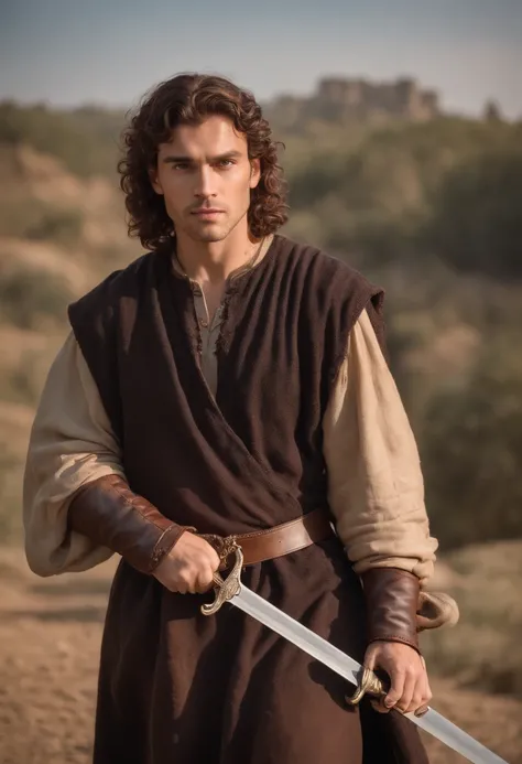 Human man, very attractive, in midevil clothing, holding a big sword, brown curly hair, nice expression, bag at his side, ready for travel, masterpiece