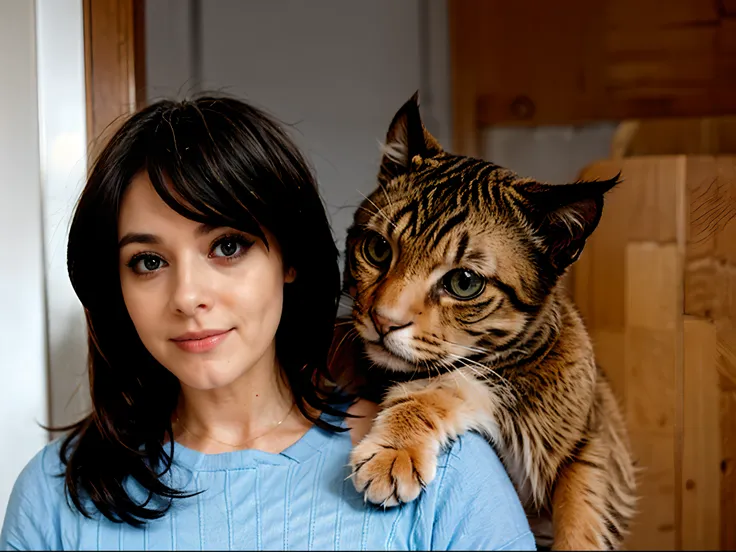 36 year old woman and cat, luz solar fuera de la ventana