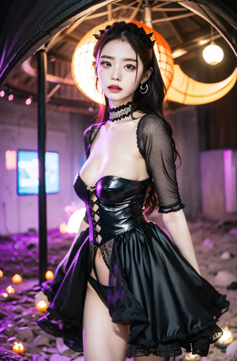 Morning Musume no Eri, Dressed in seductive Halloween costumes, Stand near unforgettable beauty, Abandoned merry-go-round. Background reveals ghostly silhouette, Add a spooky atmosphere. The scene is set at night, Moonlight gives Eli a soft glow, Highlight...