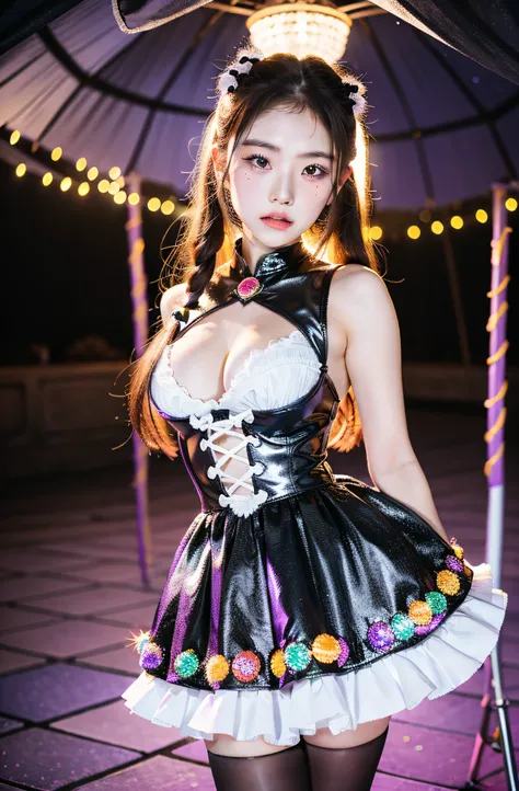 Morning Musume no Eri, Dressed in seductive Halloween costumes, Stand near unforgettable beauty, Abandoned merry-go-round. Background reveals ghostly silhouette, Add a spooky atmosphere. The scene is set at night, Moonlight gives Eli a soft glow, Highlight...