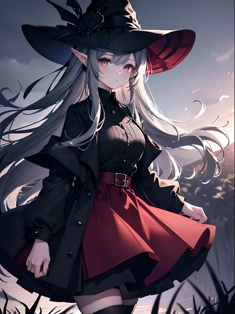 (masterpiece,best quality,ultra-detailed),1girl, black shirt,dark red skirt, striped skirt,black jacket, pointy ears, black witch hat,in a meadow, night,(grey theme),(pastel colors theme)