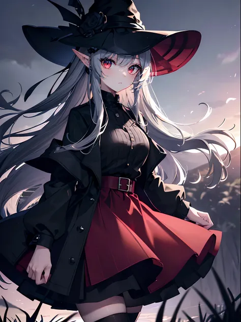 (masterpiece,best quality,ultra-detailed),1girl, black shirt,dark red skirt, striped skirt,black jacket, pointy ears, black witch hat,in a meadow, night,(grey theme),(pastel colors theme)