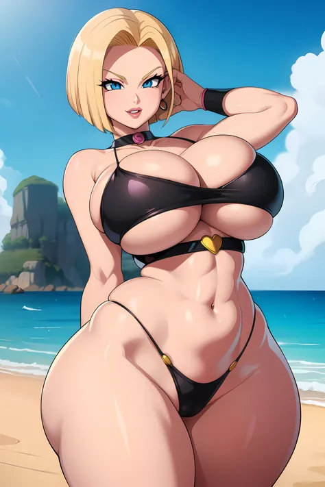 Dragon ball, android 18, 1girl, (((bimbo))), puffy lips, painted lips, thick lips, wide hips, thick thighs, big breast, huge ass, revealing cleavage, erotic, Smile face, bubble butt bursting out of clothes, camel toe, Breasts, black bikini, on the beach, p...