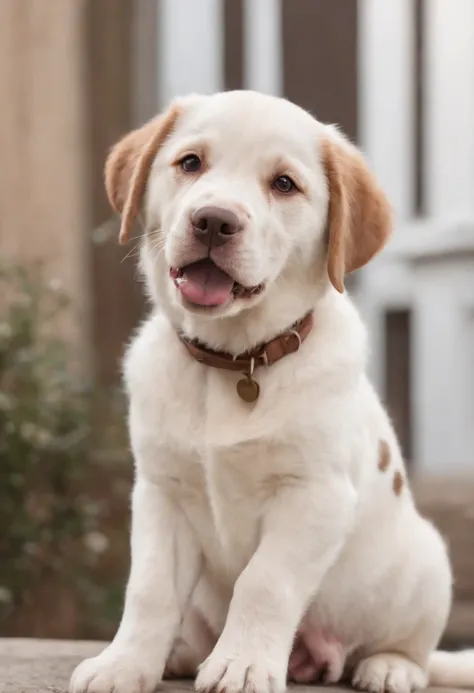 The cutest but also the biggest dog ever, brown and white spots, tongue out, happy expression, sitting down, looks like it could be very viscous, huge in size