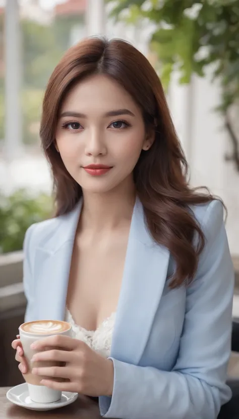 Photoshoot, college, street cafe, blue shirt, white blazer, blue jeans long pants, zipping a cup of coffee, sitting in the cafe, enjoying coffee, 19 year old college girl, cute girl, beautiful girl, indonesian model, white healthy skin, delicate eyes,  dou...